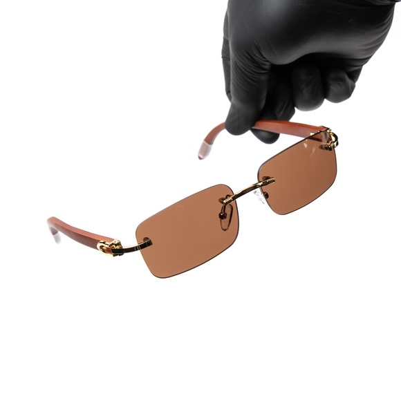 Mens Brown Tint Rimless Gold Frame Wood Sunglasses - Picture 1 of 5